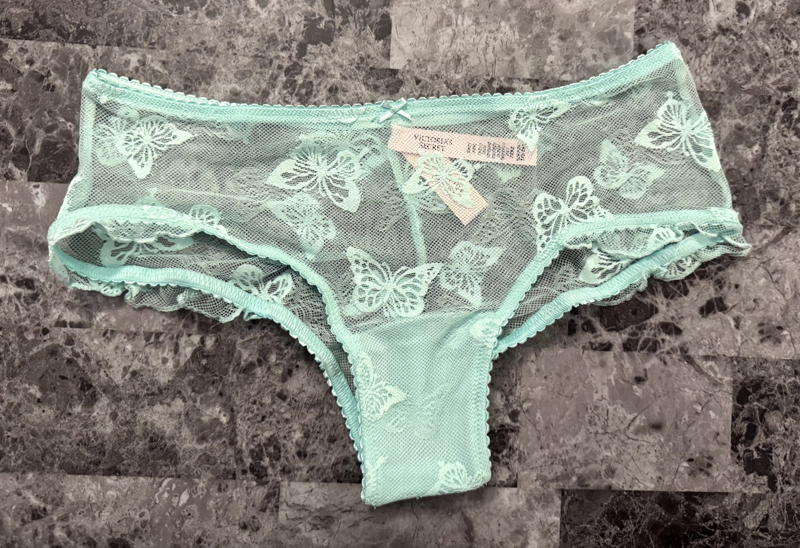 NWT VICTORIA’S SECRET GREEN BUTTERFLY NETTED MESH RUFFLE BOW CHEEKY PANTIES