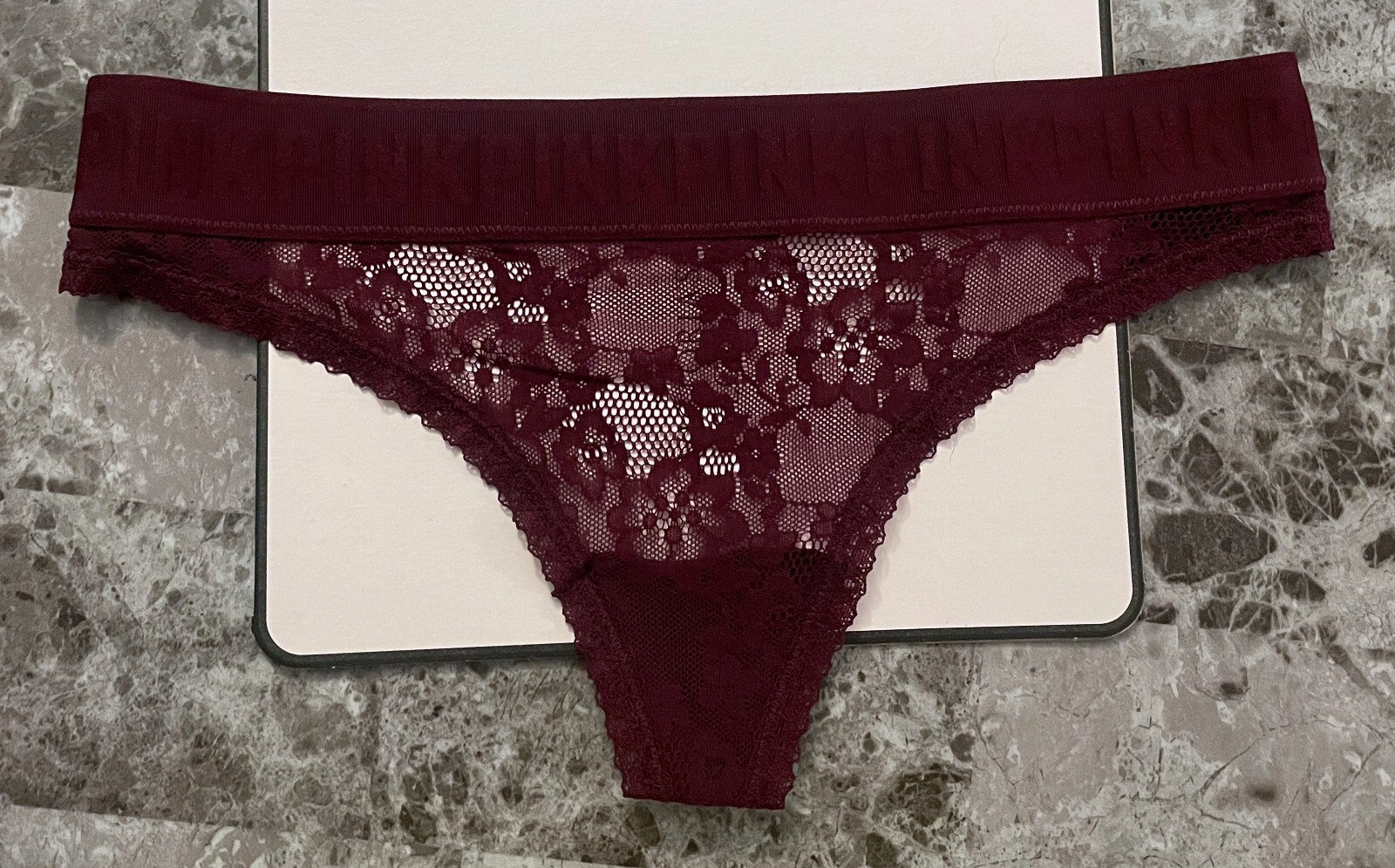 NWT NWD VICTORIA’S SECRET PINK SMALL MAROON LOGO WAISTBAND RARE THONG PANTIES