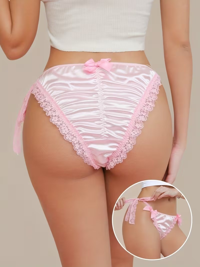 Sissy Bubblegum Pink Silky Satin Wet Look String Bikini Panties One Size (BG 48)