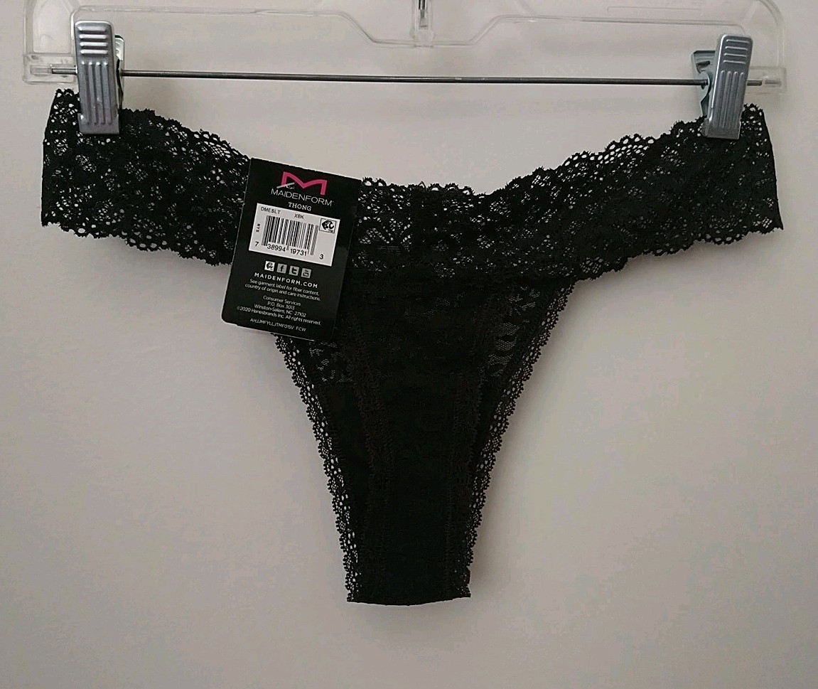 MAIDENFORM BLACK FLORAL LACE THONG PANTY, SIZE M/6