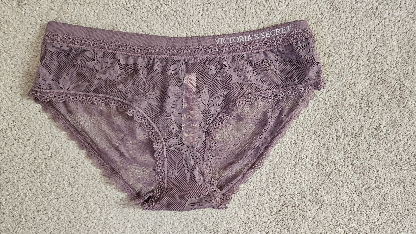 NWT Victoria’s Secret Purple Floral Lace Logo Seamless Hiphugger Panty 2014 Sz M