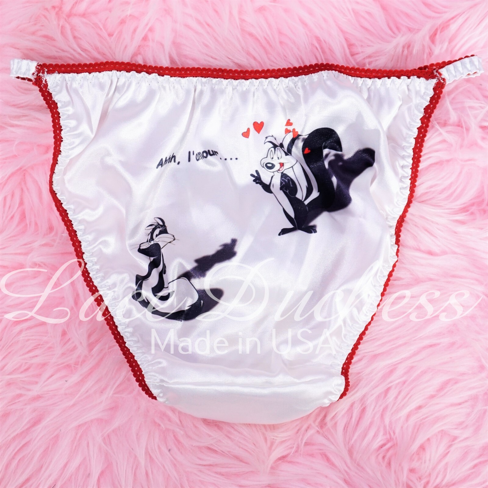 VTG 80s SATIN Valentine’s Day Pepe Skunk Ladies/ MENS string bikini Panties