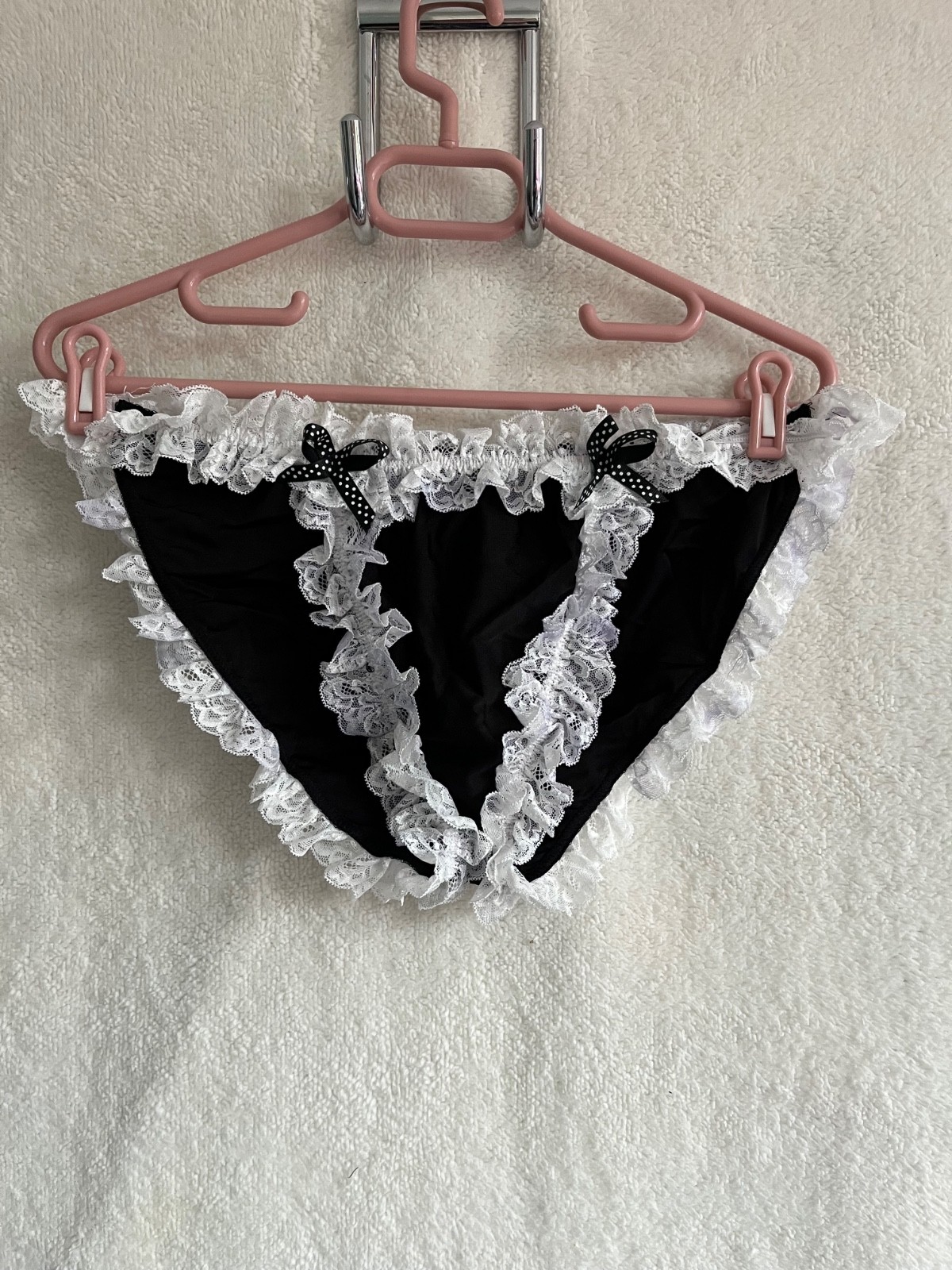 Cute Men’s Frilly Pouch Panties Silky Black Bows Nylon Sissy CD TV Size XL