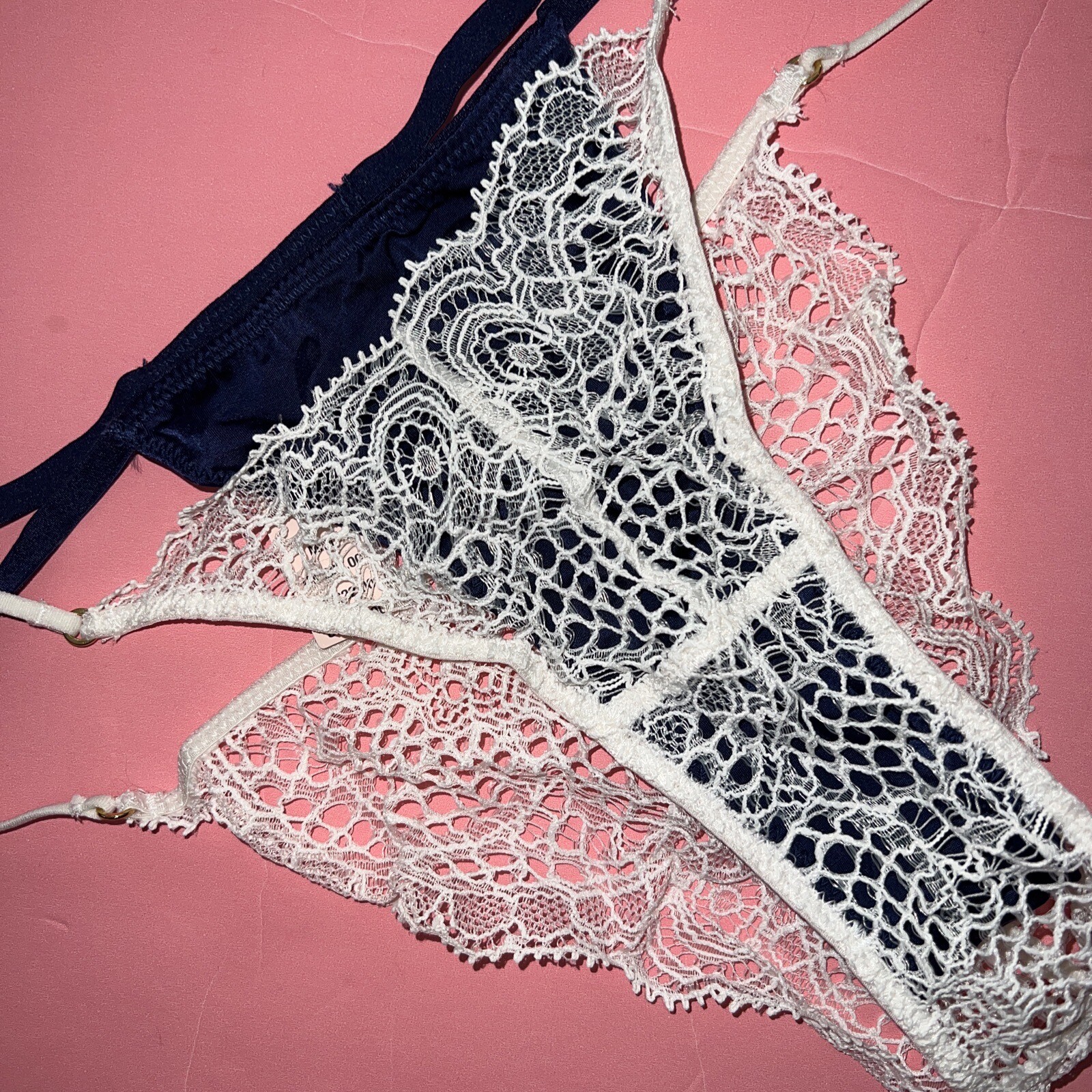 NWT Victoria’s Secret S,M THONG Panty NAVY BLUE WHITE LACE fishnet VERY SEXY