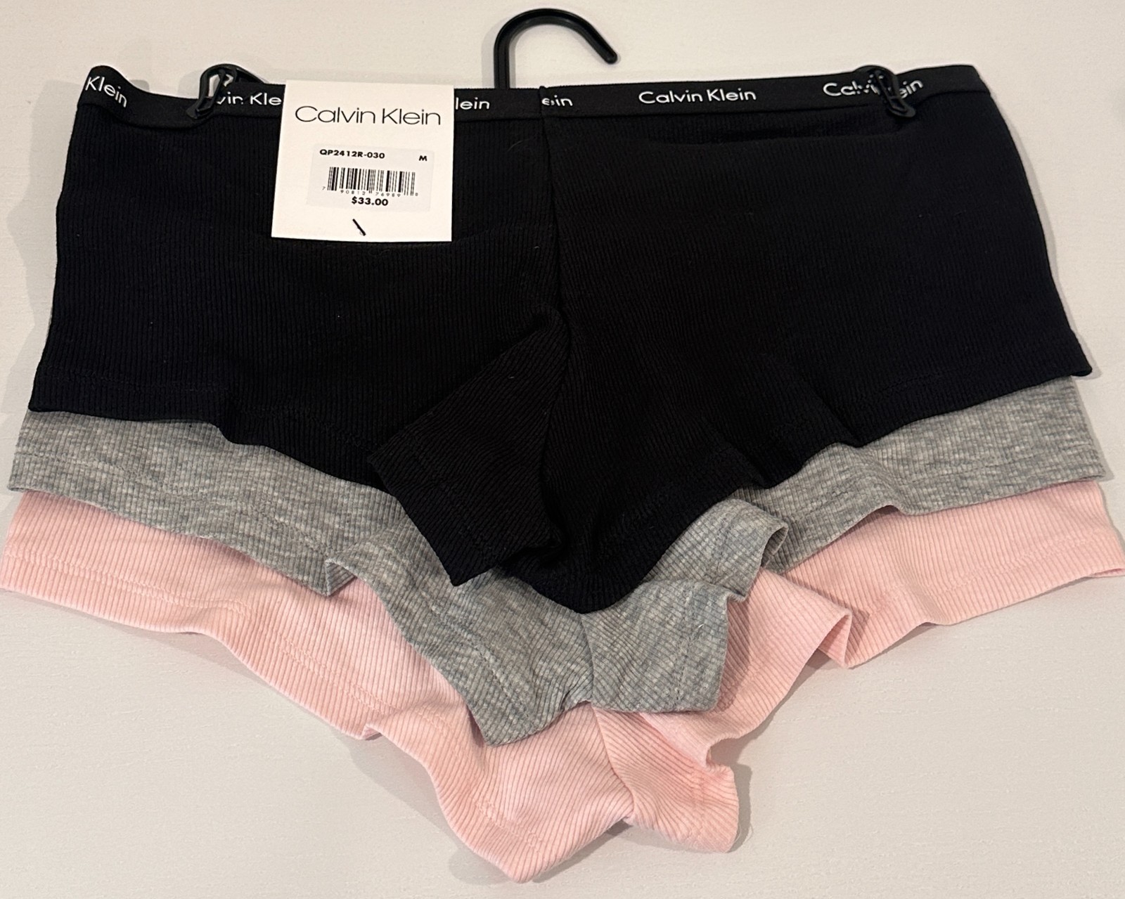 NWT Calvin Klein 3 Pack MEDIUM Rib Knit Boyshorts Women’s Black Grey Light Pink