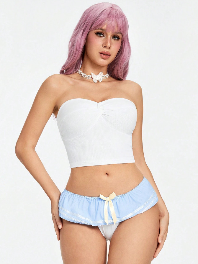 Kawaii Cute Skirted Sissy Baby Blue Ruffle Sailor Bow Striped Brief Panty