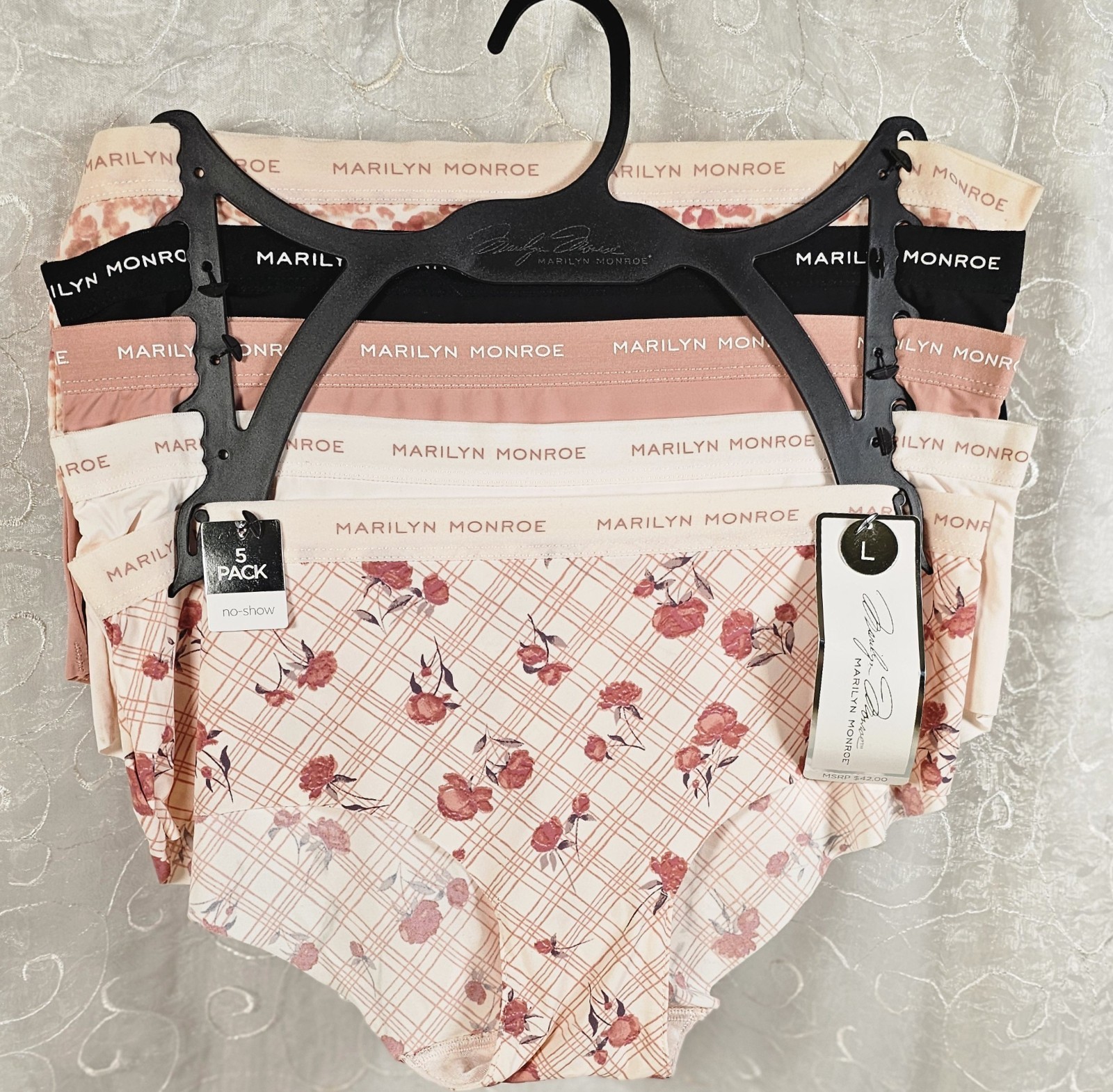 Marilyn Monroe 5 No-Show Hipsters L Floral, Solid, Dusty Rose, Black Pink MM8041