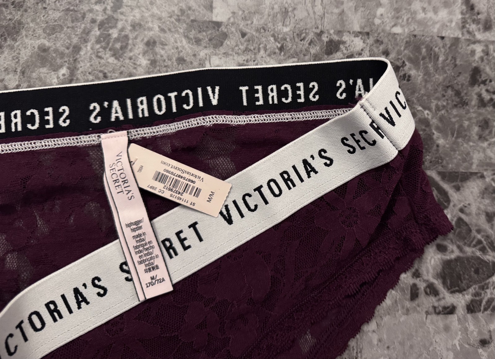 VICTORIA’S SECRET M MAROON FLORAL LACE THICK LOGO BAND RARE HIPHUGGER PANTIES