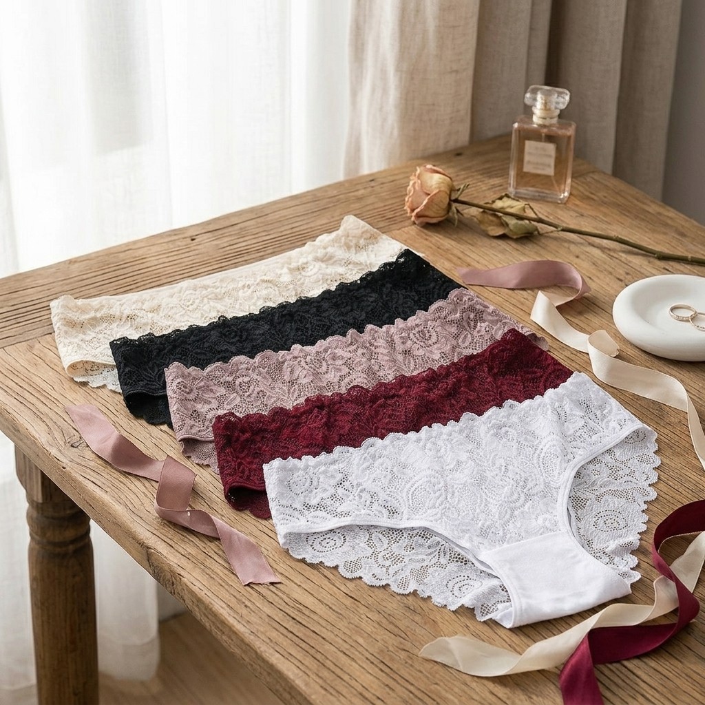 Women Hollow Lace Panties Floral Design Breathable Soft 5 Pack Set