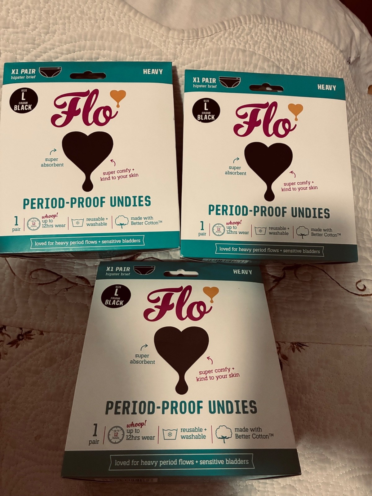 3 LOT Flo Period-Proof Undies, Hipster Brief , Washable, Size Large – New Black
