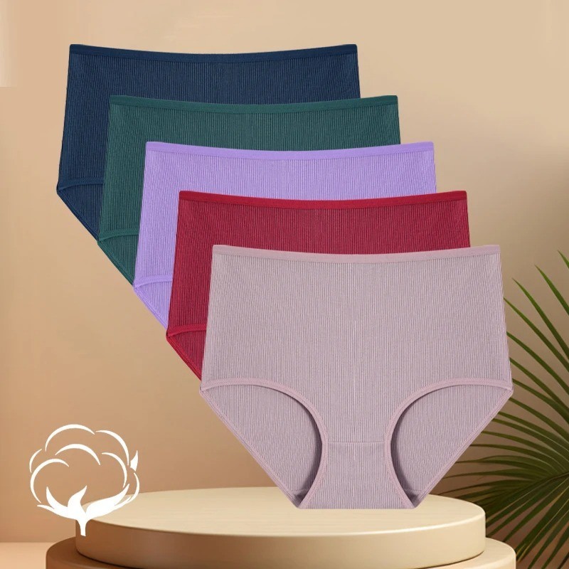 High Waist Cotton Panties Solid Women’s Soft Stretch Underwear S-XXXL 5 Pcs
