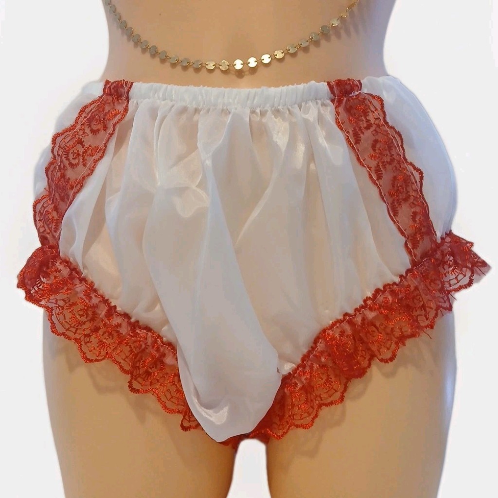 White Nylon Knickers With Red Lace Beautifully Handmade, Small to 3XL Unisex
