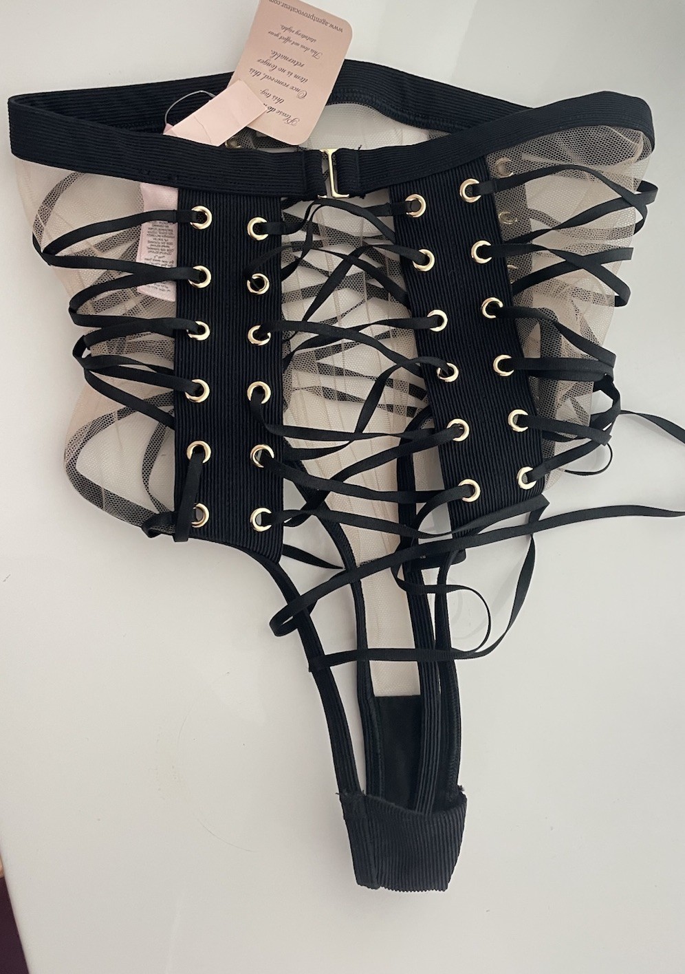 NWT Agent Provocateur High Waist Cage Thong Panties Black Nude Very Rare Small