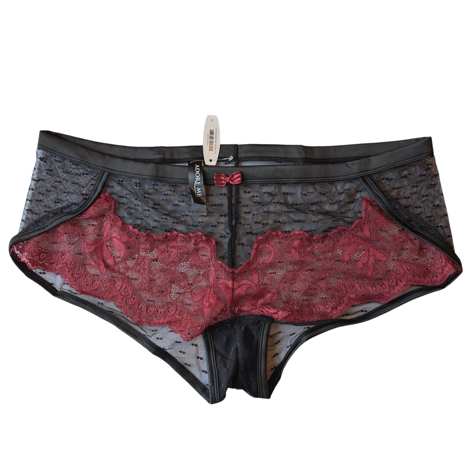 Adore Me Womens 1X Hipster Panties Black Red Floral Lace Mesh Boudoir Curvy NWT