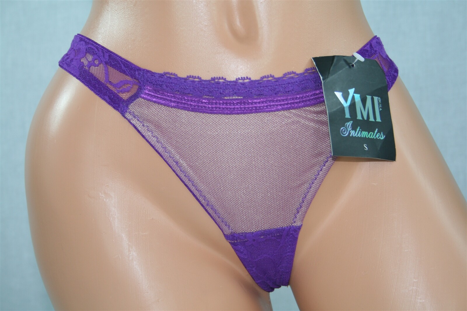 Purple Thong W Sheer Floral Bands, Sheer Front & Shiny Gold Panel Size S