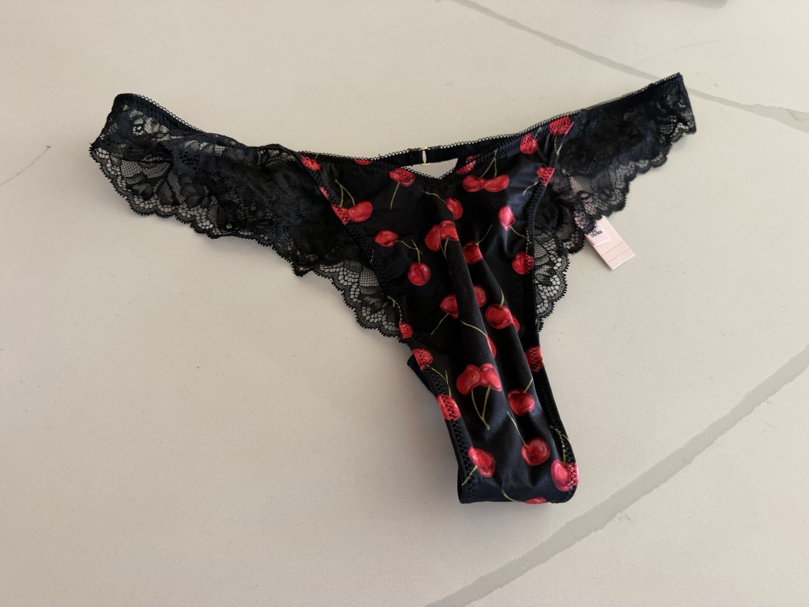 Victorias Secret VERY SEXY Red Cherries Black Satin & Lace Thong Panty XL NWT