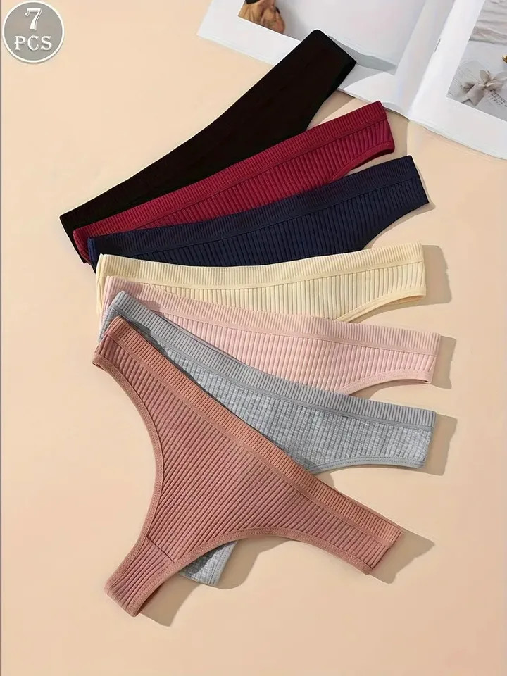 Cotton Thong Panties Low Rise Striped Soft Breathable Women’s Underwear 7 Pcs