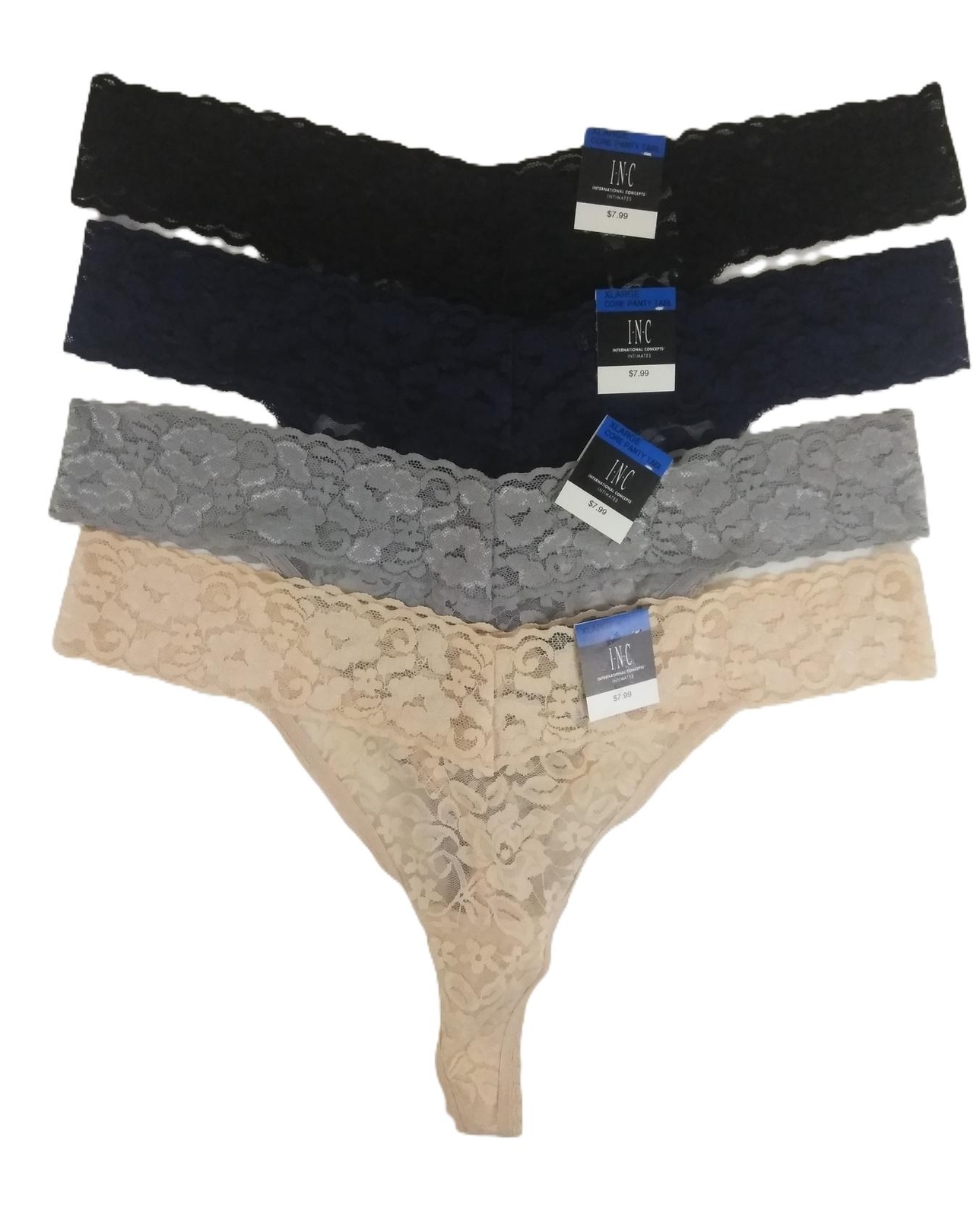 Inc International Concepts Womens Lace Thong XL 4 Pairs Blue Black Beige Gray