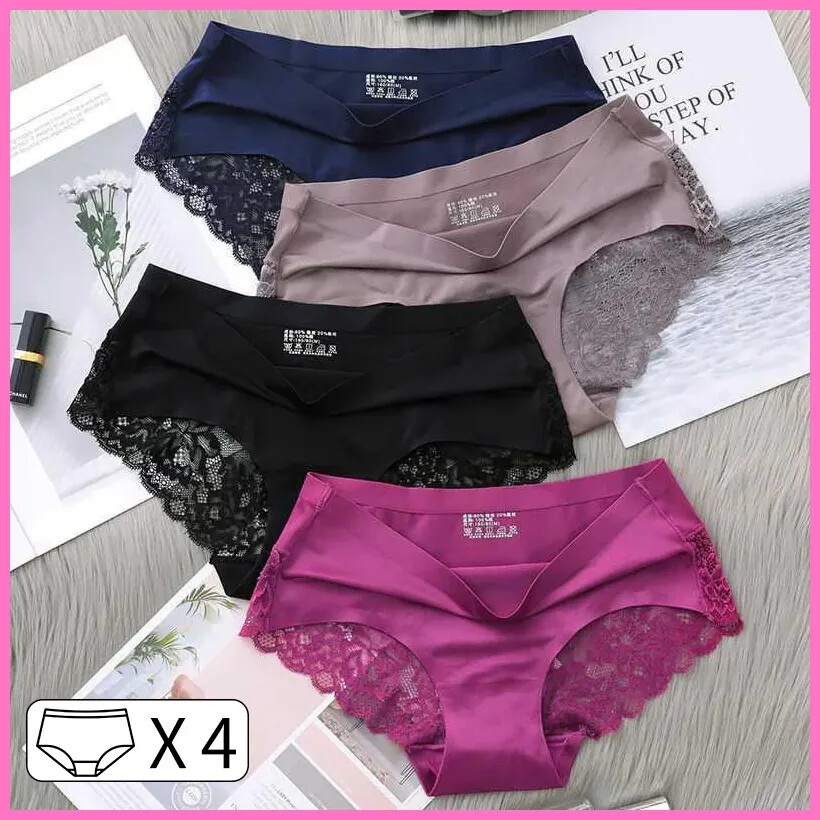 4Pcs Women’s Panties Exquisite Lace Comfort Underwear Silk Satin Seamless Girls