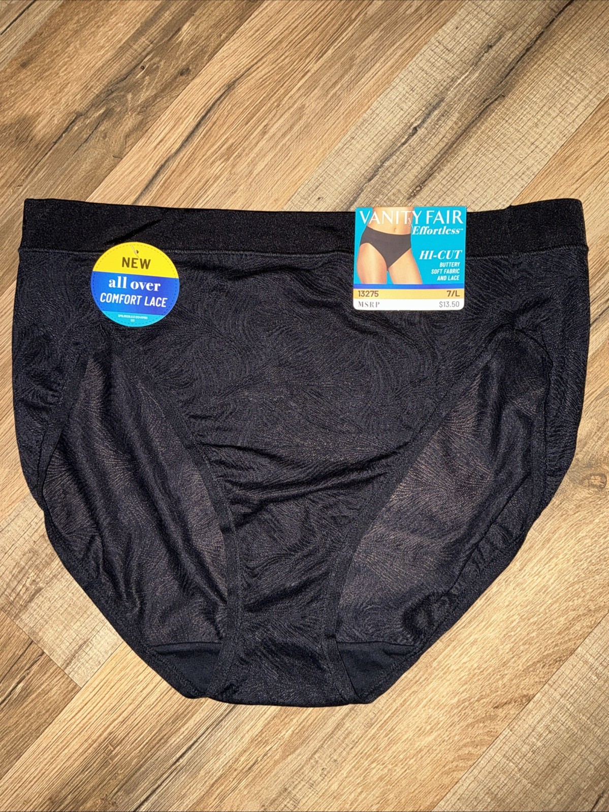 Vanity Fair Effortless HI-Cut Buttery Soft Fabric & Lace Panty 13275 BLACK -7/L