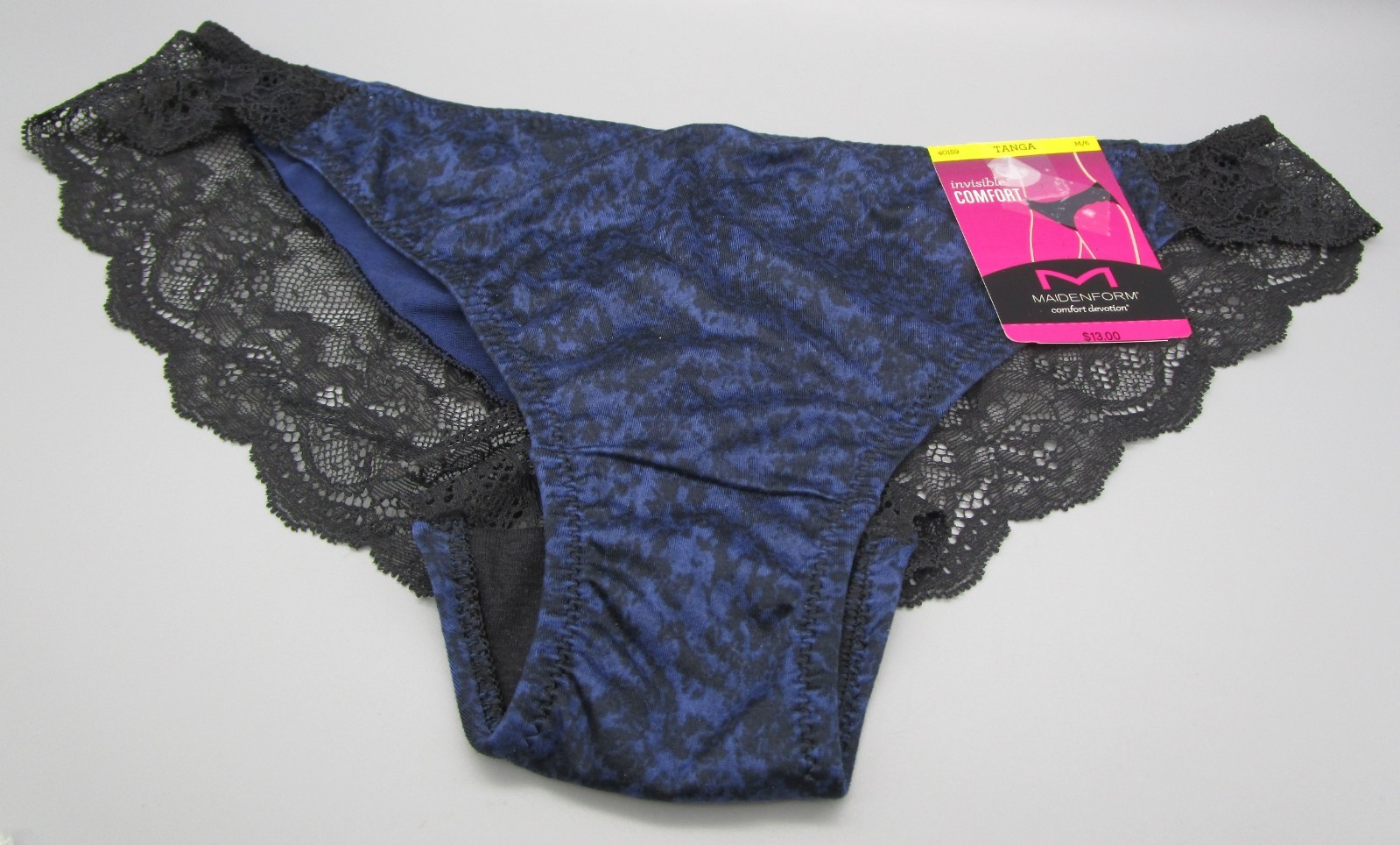 MAIDENFORM~M 6~40159~Black Blue Ink Print Comfort Devotion Lace Back Tanga