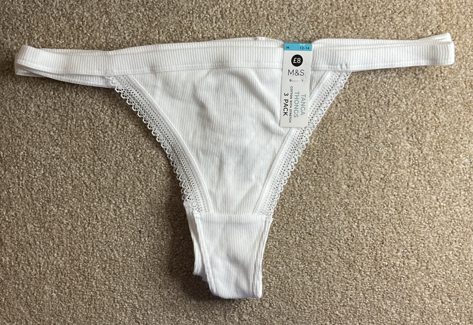 M&S 3 PACK Size Medium 12-14 Tanga Thongs Knickers Cotton Stretch White M Thong