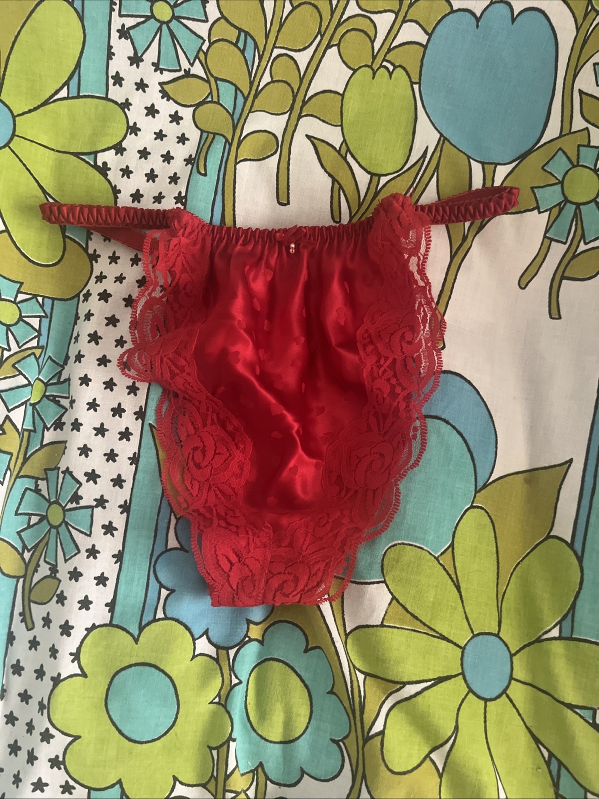 VTG Delicates 100% Silk Red Satin Thong Panties Second Skin Lace Hearts NWOT