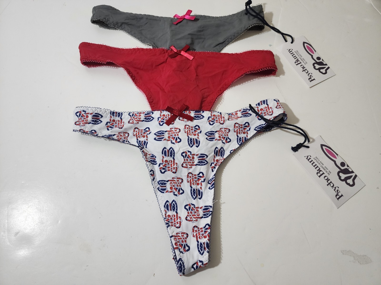AUTHENTIC Psycho Bunny Womens Thong Panties String 3 Pcs Red Gray White Navy XS