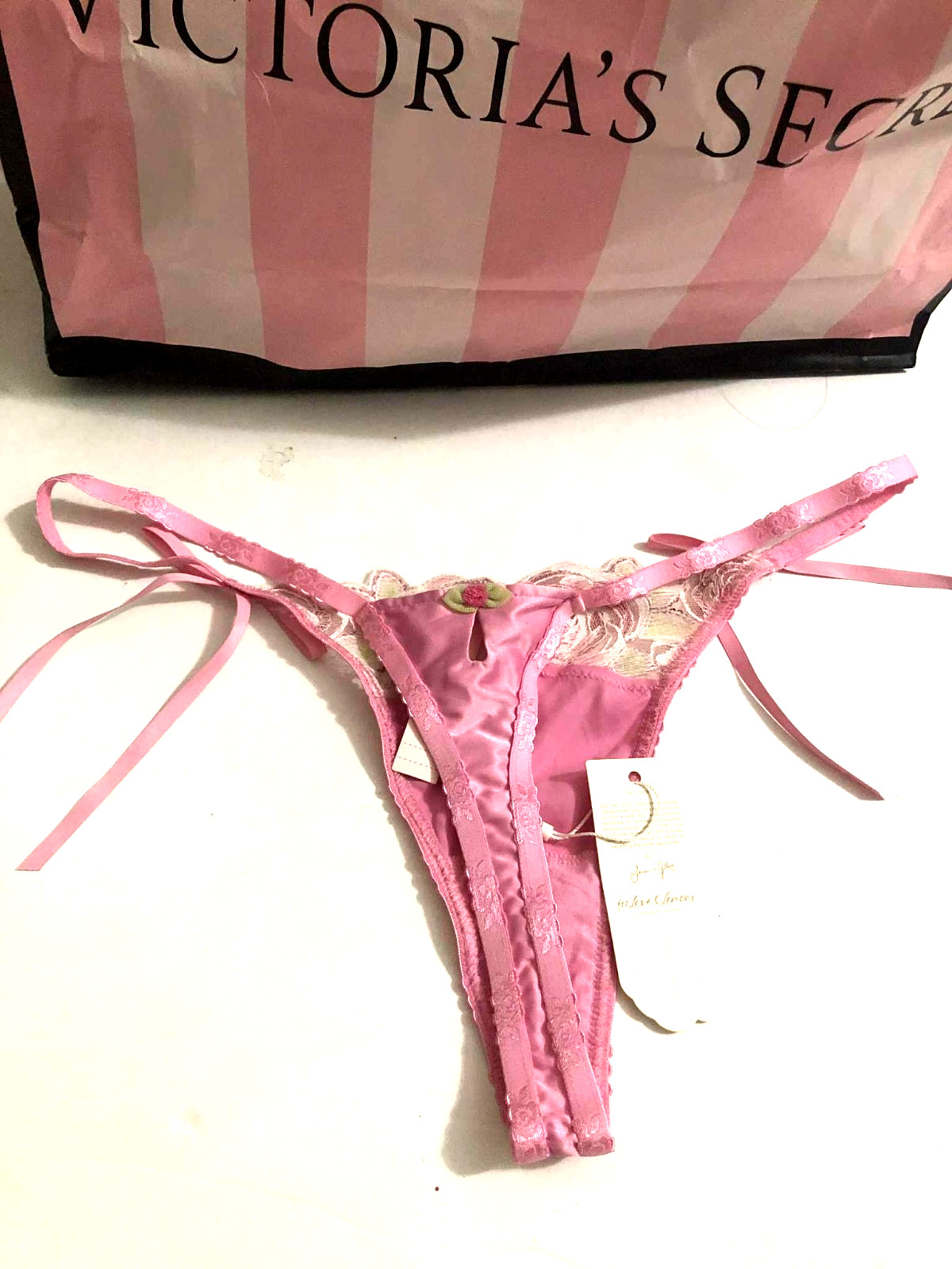 VS For Love & Lemons Sequin Embroidered Rose Pink Floral String Thong Panty NWT