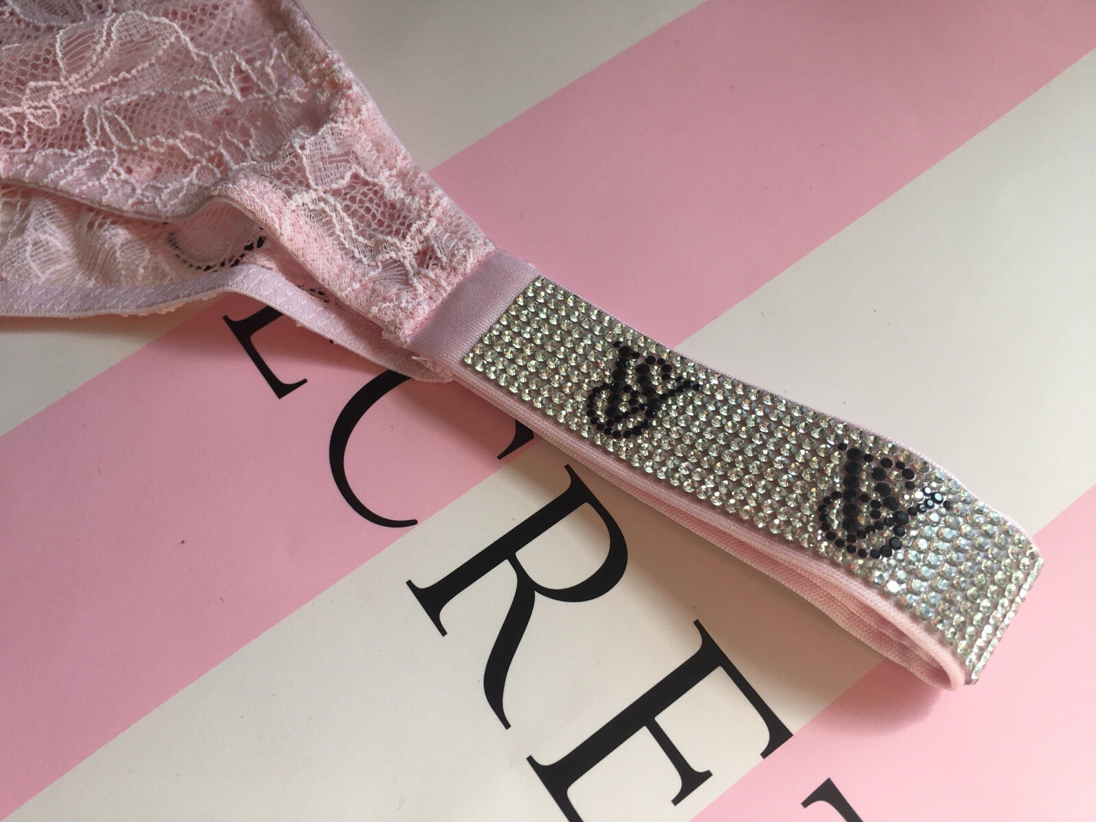 NEW Victoria’s Secret Shine Strap Crotchless Panty Rhinestone Petal Pink Lace XS