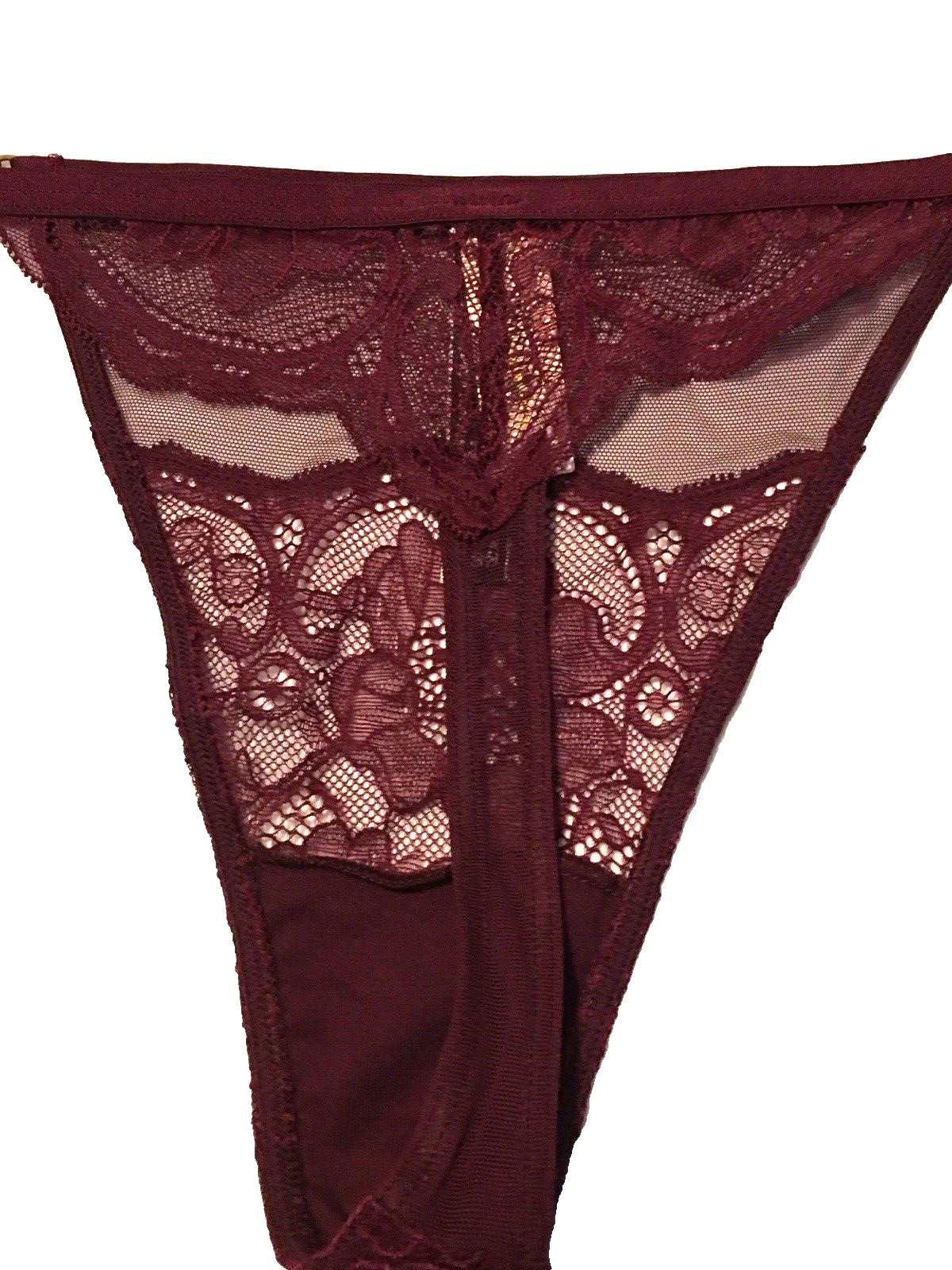Victorias Secret Maroon Wine Kir Thong Panty XL Floral Split Lace & Mesh Sheer
