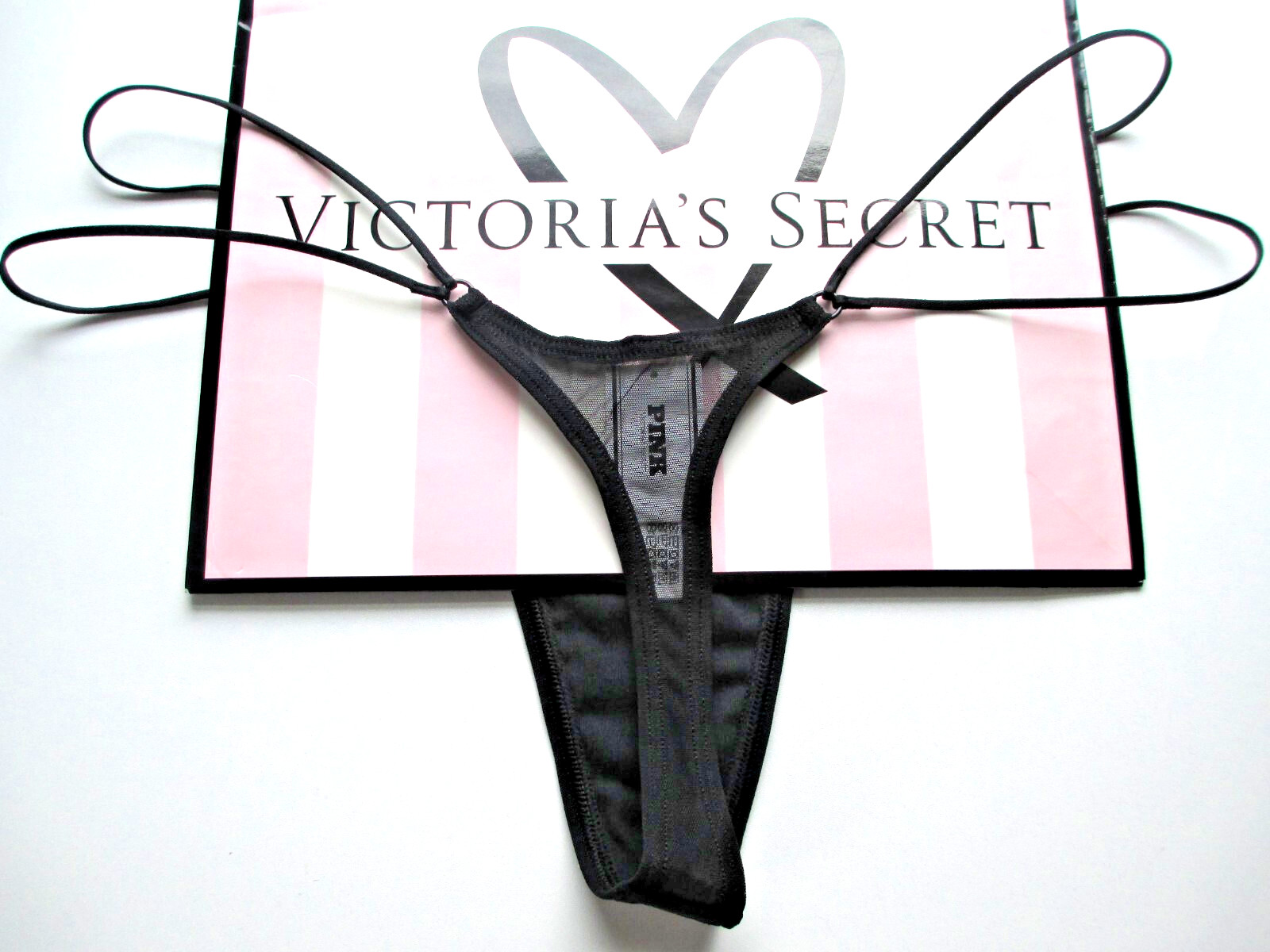 VICTORIA’S SECRET PINK Strappy Micro Thong Panty VS Black Mesh Sexy S M L XL NWT