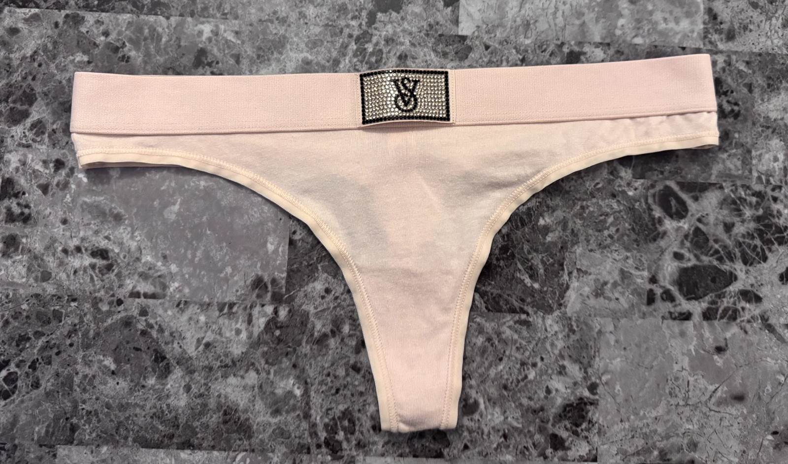 NWT VICTORIA’S SECRET BEIGE NUDE RHINESTONE SHINE PATCH THICK BAND THONG PANTIES