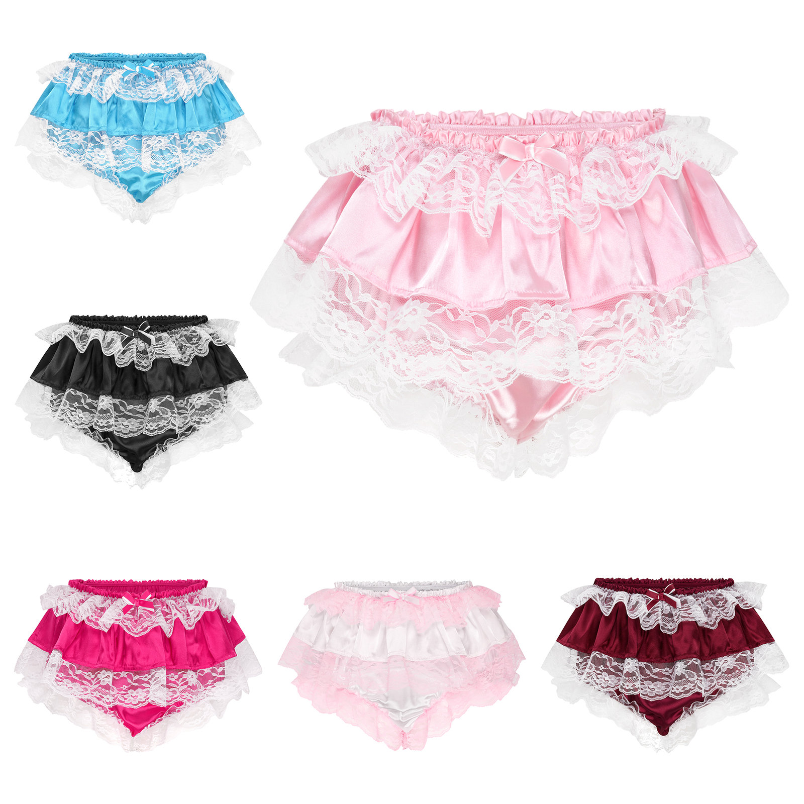 Frilly Lace Sissy Ruffled French Knickers Briefs Lingerie Silky Satin Panties