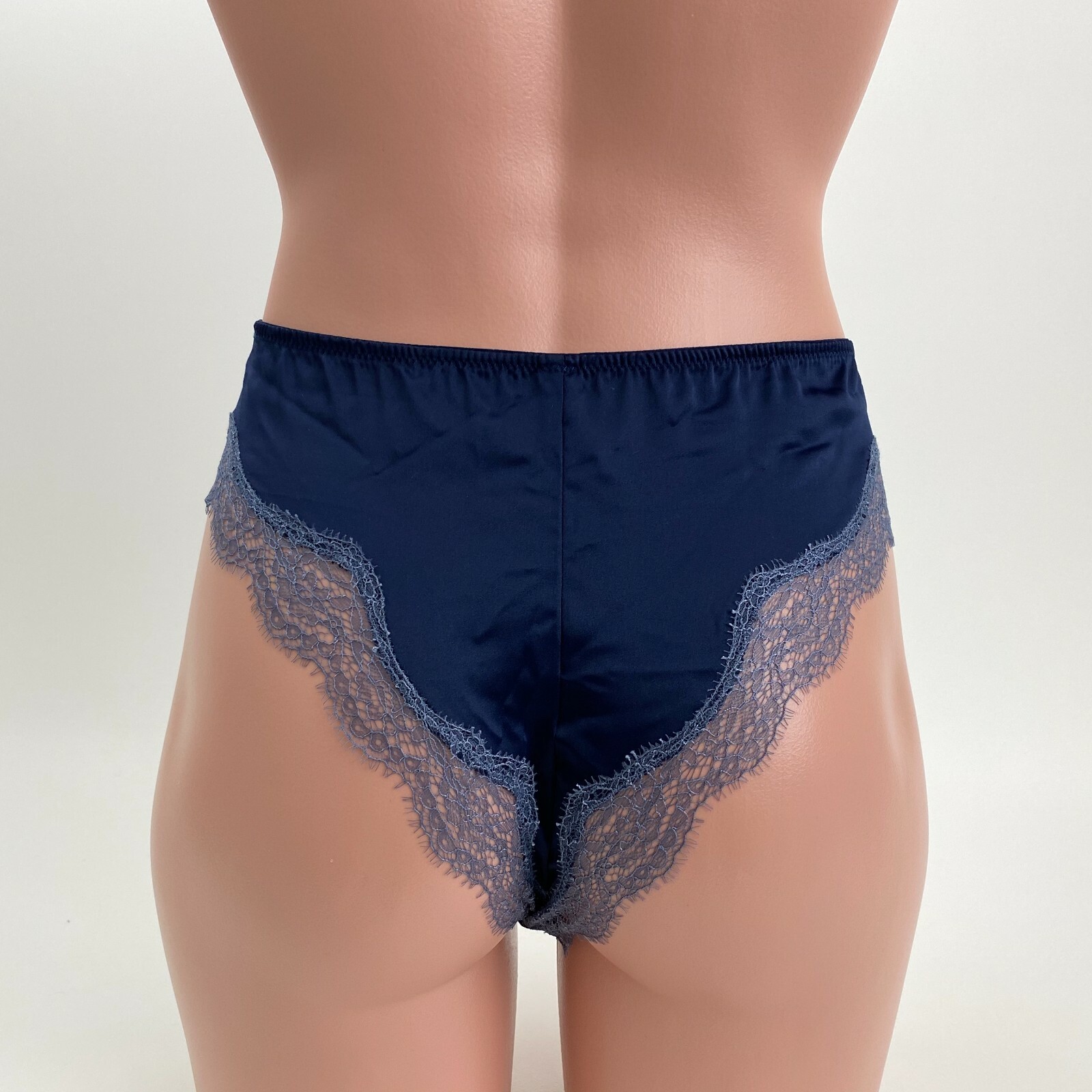 Victoria’s Secret Dream Angels Satin Lace Trim Brazilian Slip Navy Blue Size S