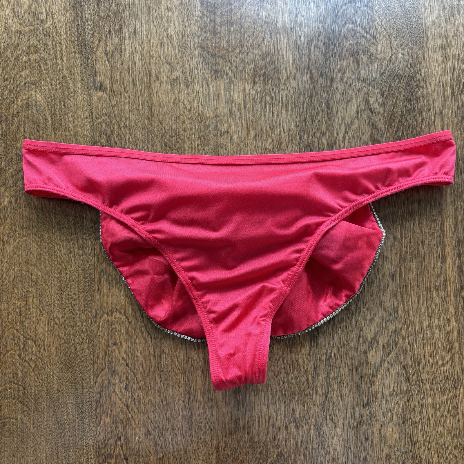 Victoria’s Secret Thong Panty Silky Rhinestones Gem Bow Red Shiny Large NWOT