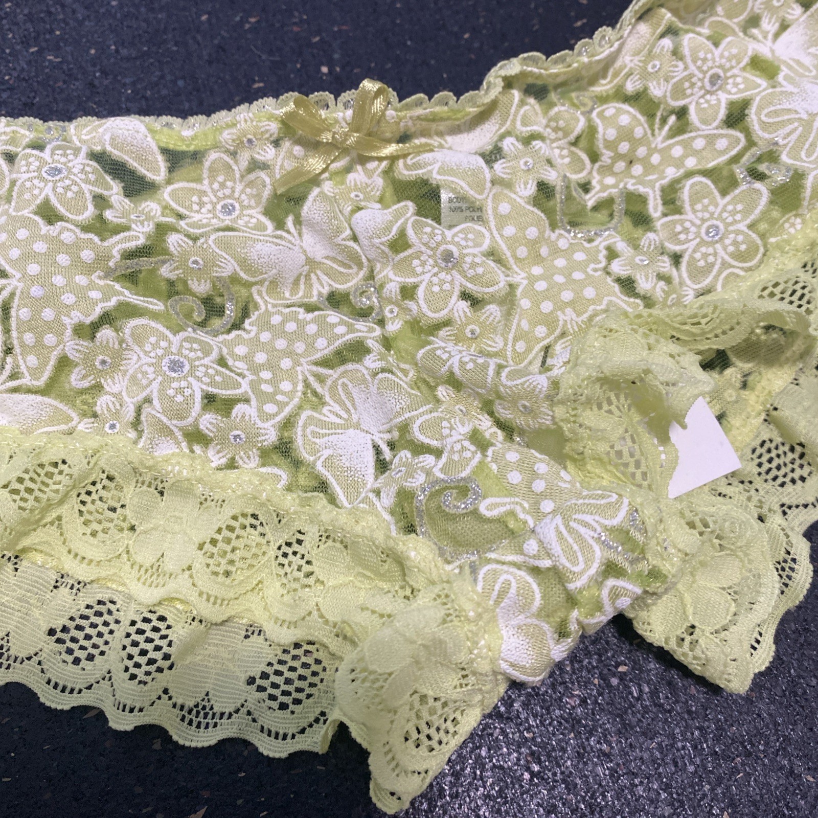 NWT Vanity Lime Green White Daisy FLORAL LACE CHEEKY Hipster Boyshort Panty
