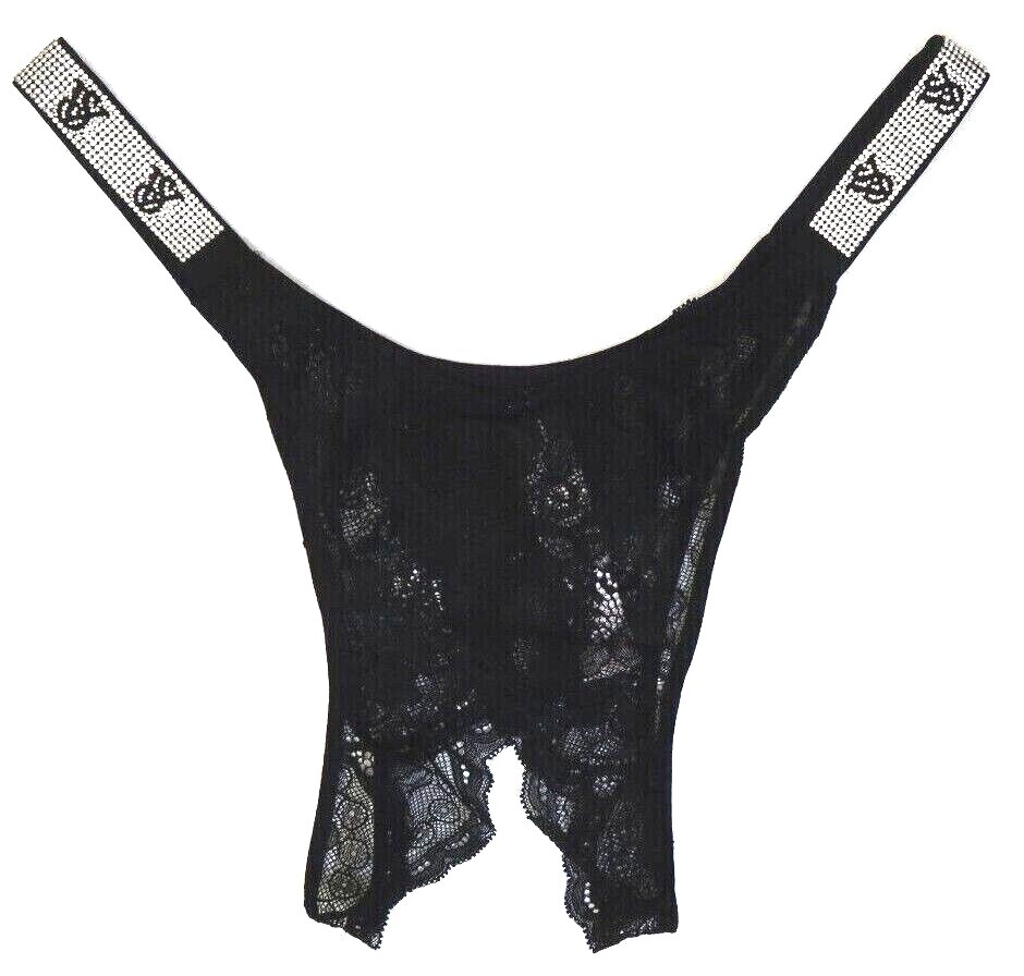 Victoria’s Secret Bombshell Shine Strap Brazilian Crotchless Panty in Black Lace