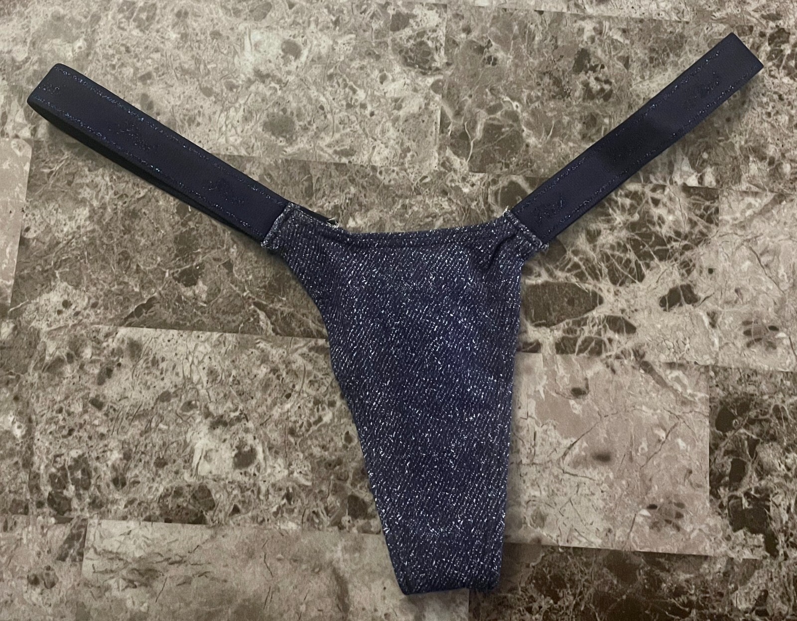 VICTORIA’S SECRET PINK BLUE DENIM LOOK MICRO TINY LOGO SIDE STRAPS THONG PANTIES