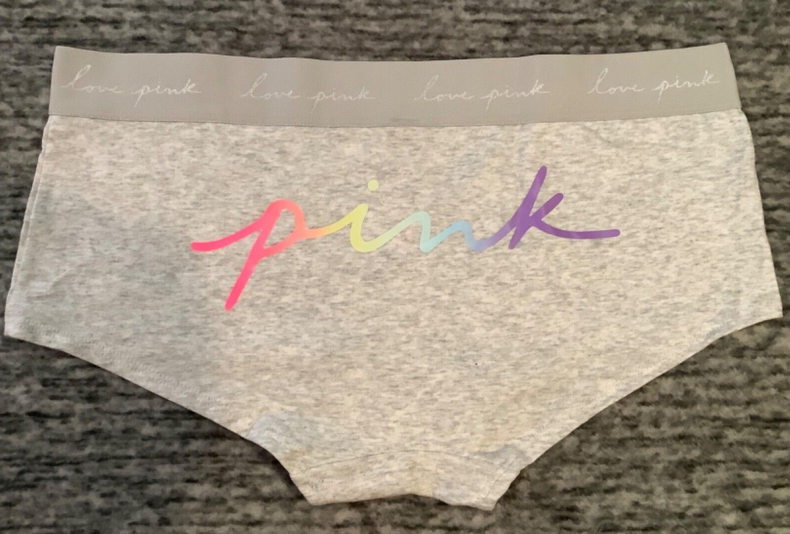 Victoria’s Secret Pink Ombre Rainbow Logo Boyshort Shortie Panties Gray L NWT