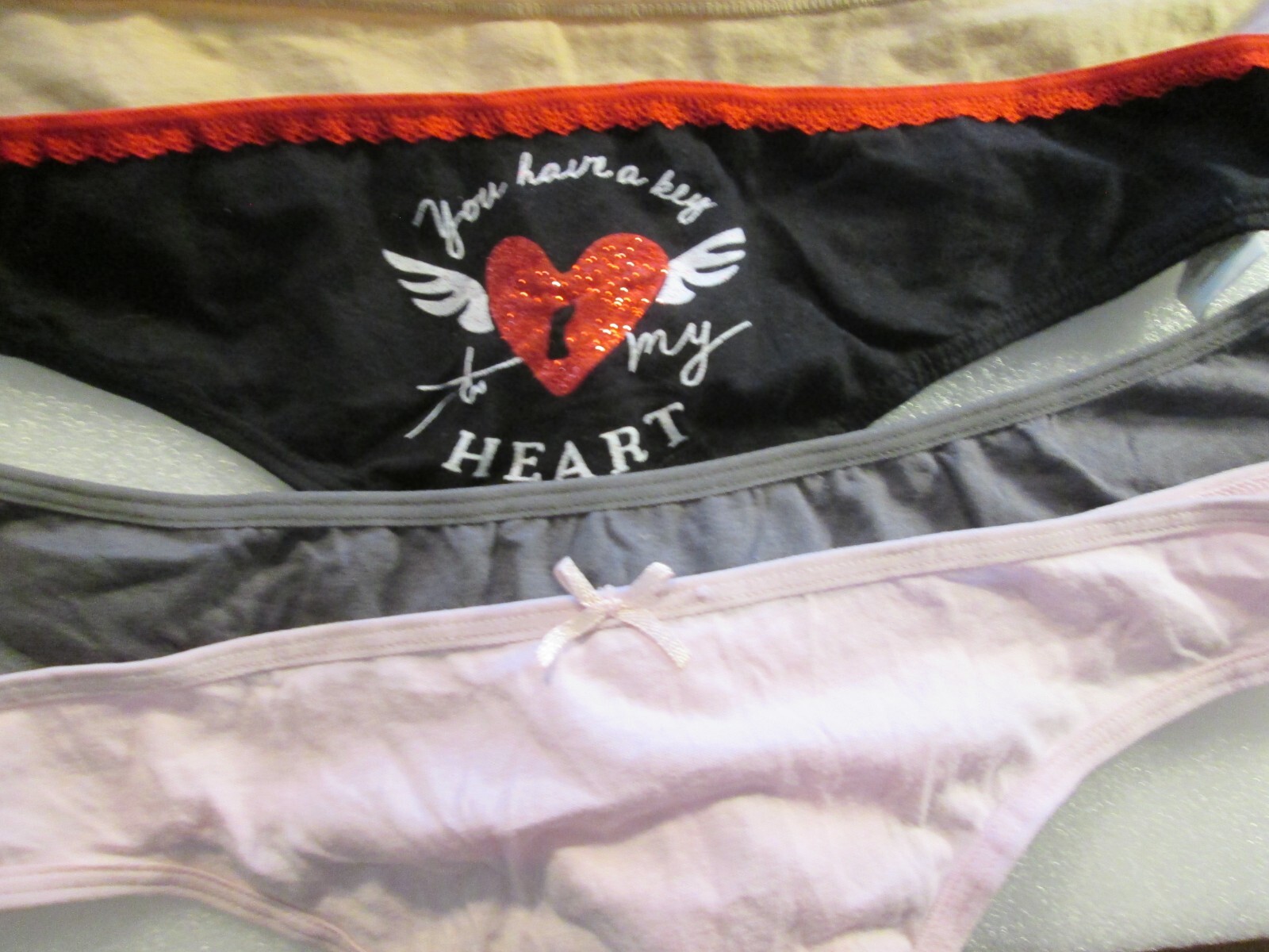 New 4 Ladies Thongs Cotton Panties💚Size XL💚Key to My Heart, Beige, Gray,Pink💚