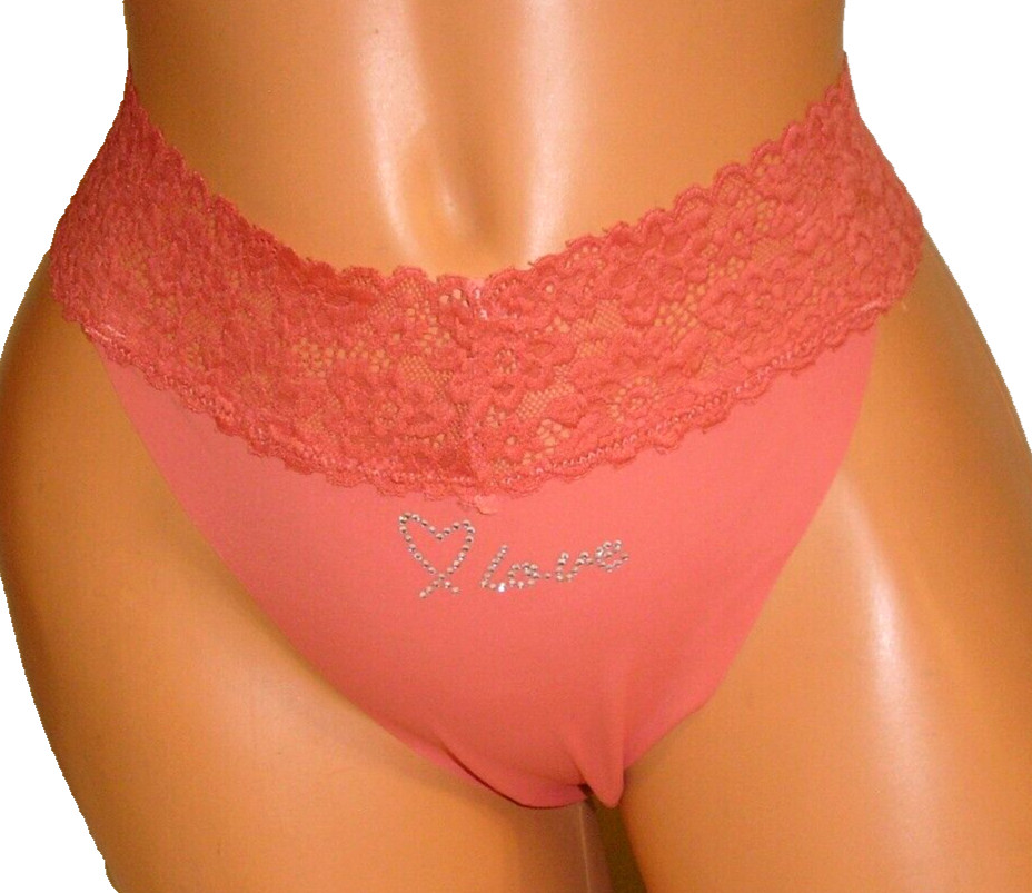 Panties Lingerie Heart Love Rhinestone Detail Lace Trim Coral Thong XL Gift