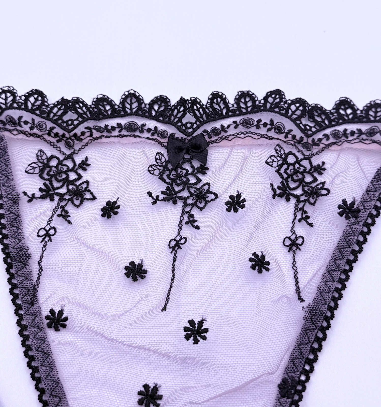 Call Me Beauty Black Mesh Lace G-String Panties Bow Adjustable Side One Size NWT