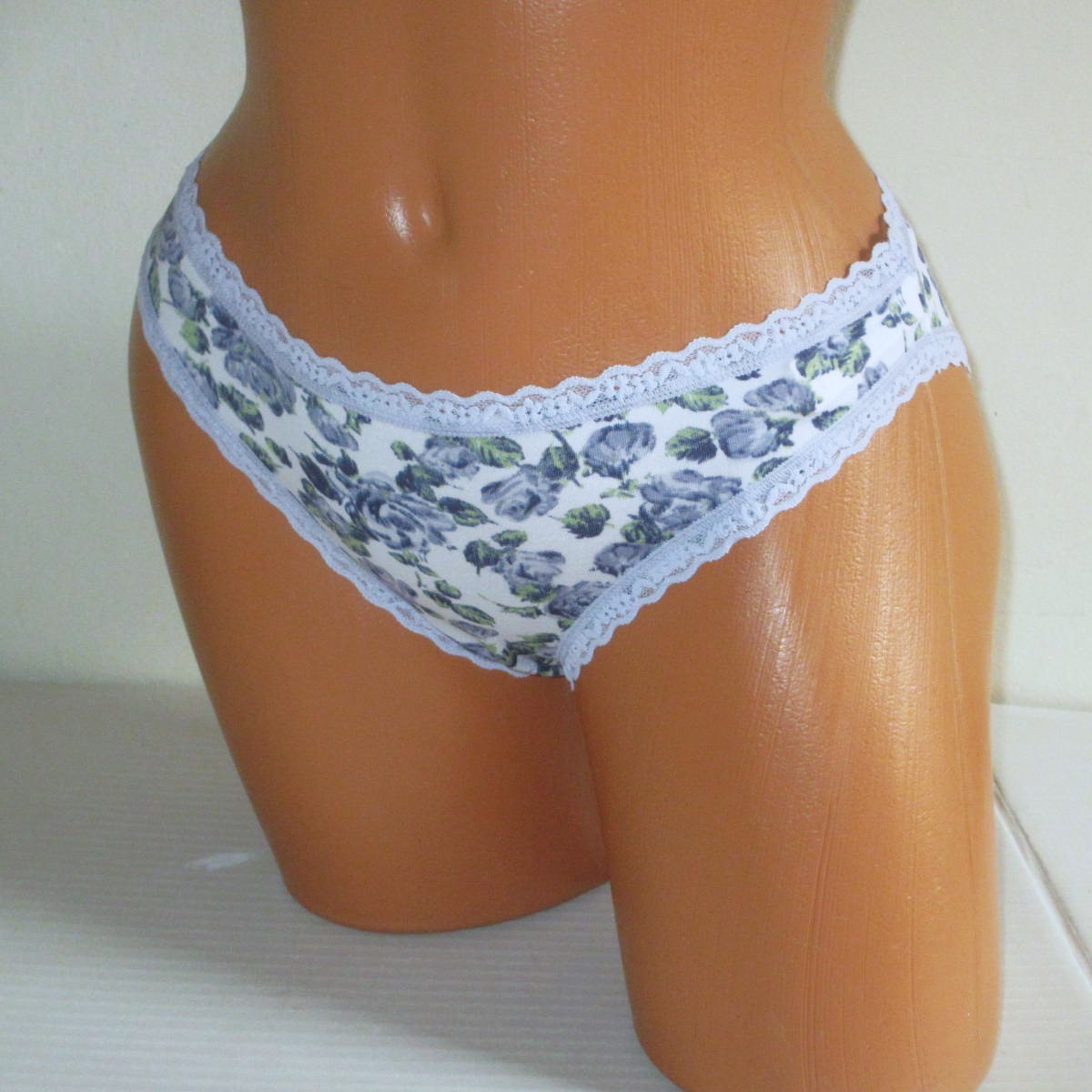 Victorias Secret Cotton Bikini Panty S M XL Lace Trim White Blue Floral NWT