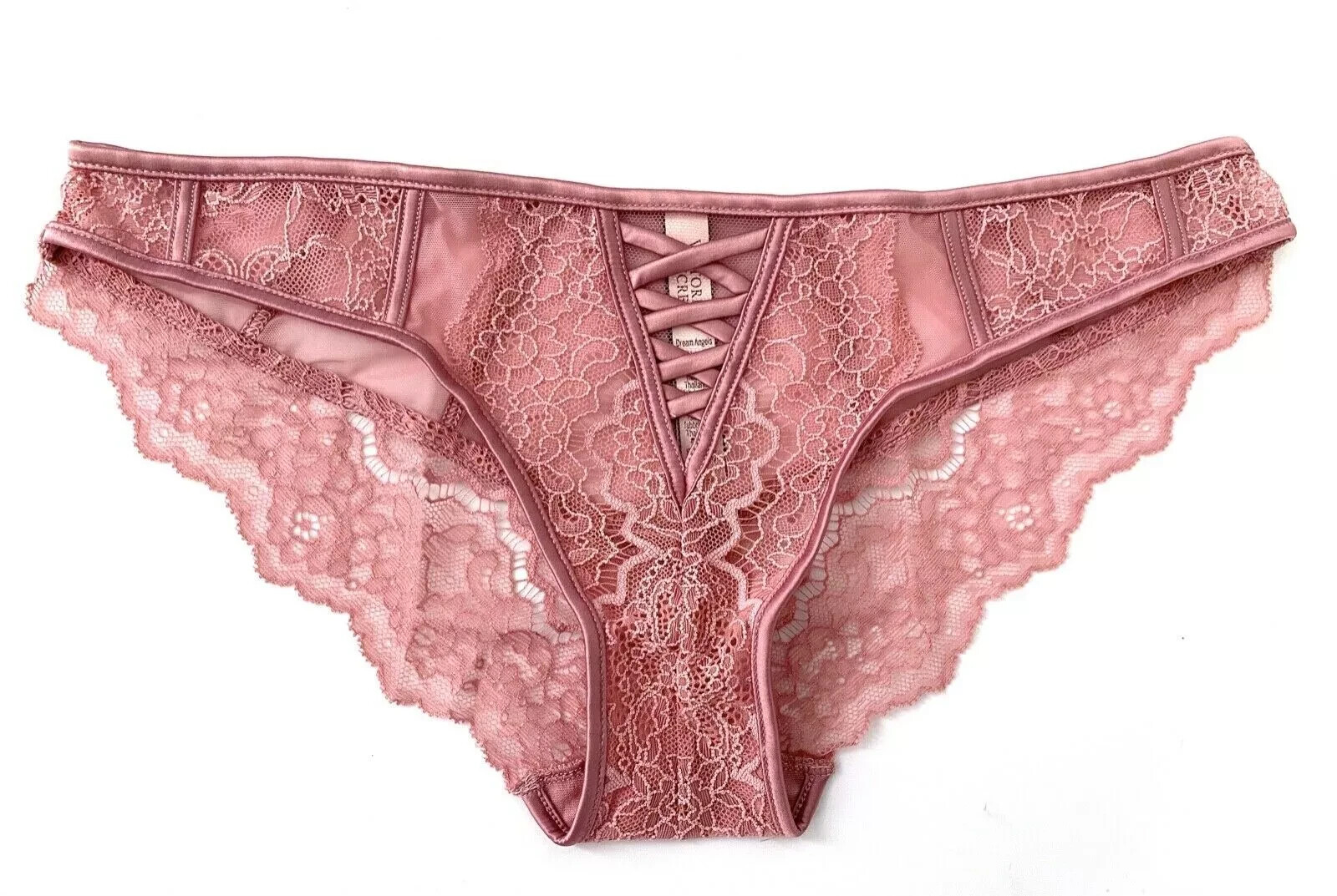 S Victoria Secret Dream Angels Lace & Satin Trim Sheer mesh Cheekini Panty Mauve