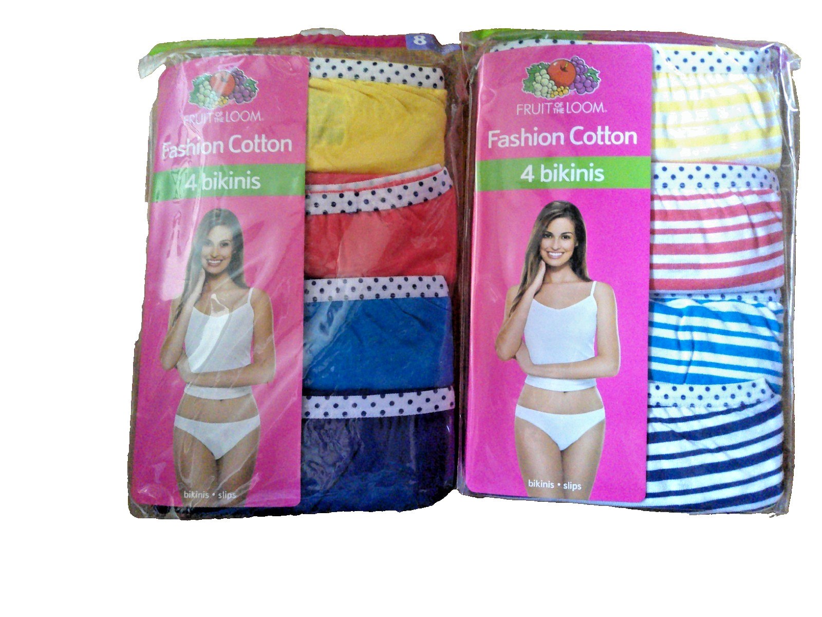 New 8 Pack Women’s Fruit Of The Loom Cotton Bikinis Size 8 Multi Color