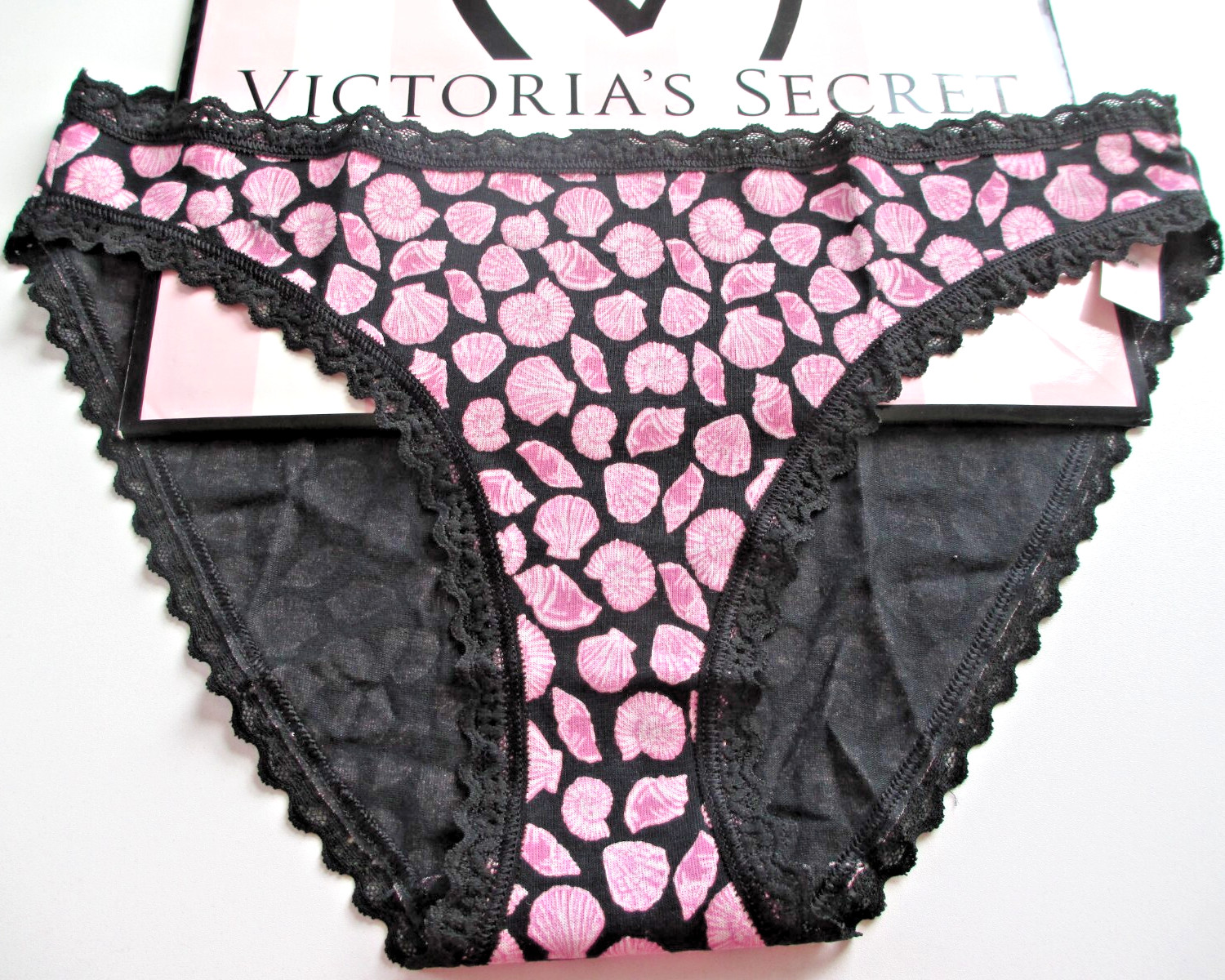 VICTORIA’S SECRET Cotton Bikini Panty VS Lace Trim S M L Black & Pink Seashell