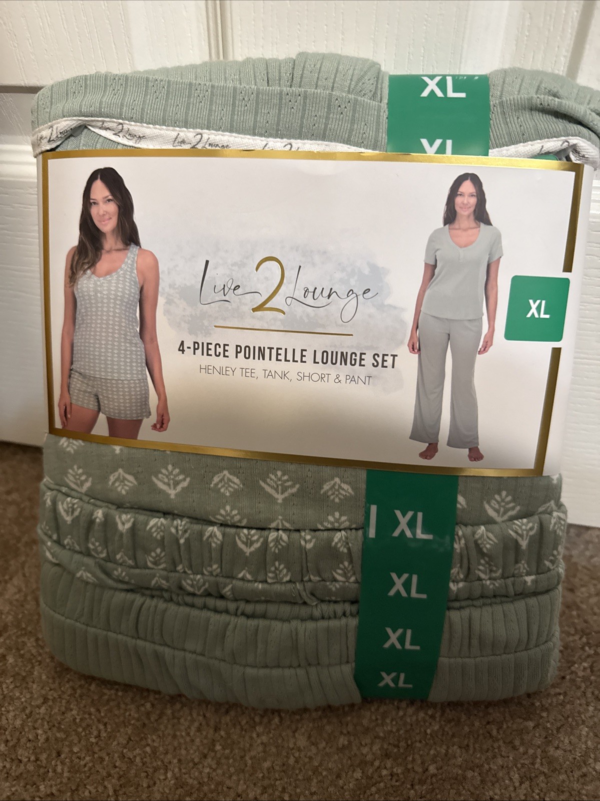 Live 2 Lounge Women’s 4 Piece Pointelle Lounge Wear Pajama Set, Green, X-Large