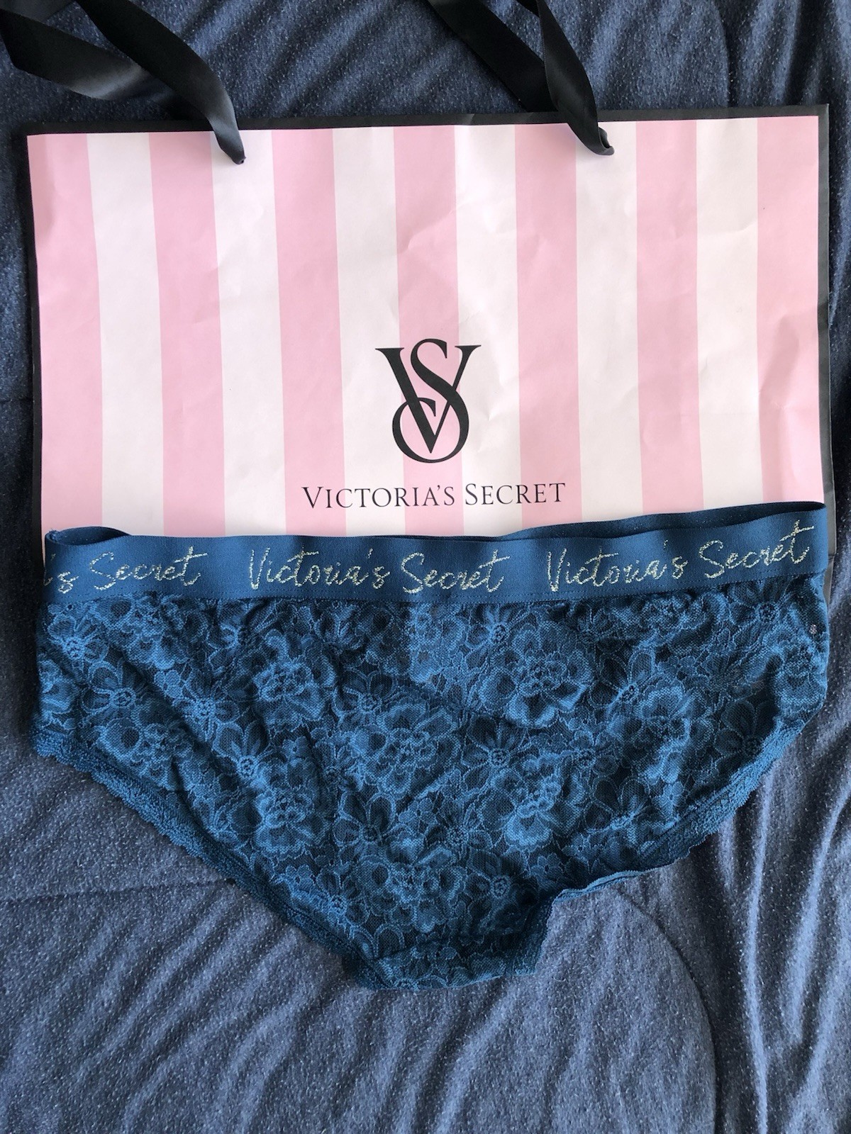 Victoria’s Secret Women’s Lace And Glitter Band Hiphugger Panty Dark Blue XL NWT