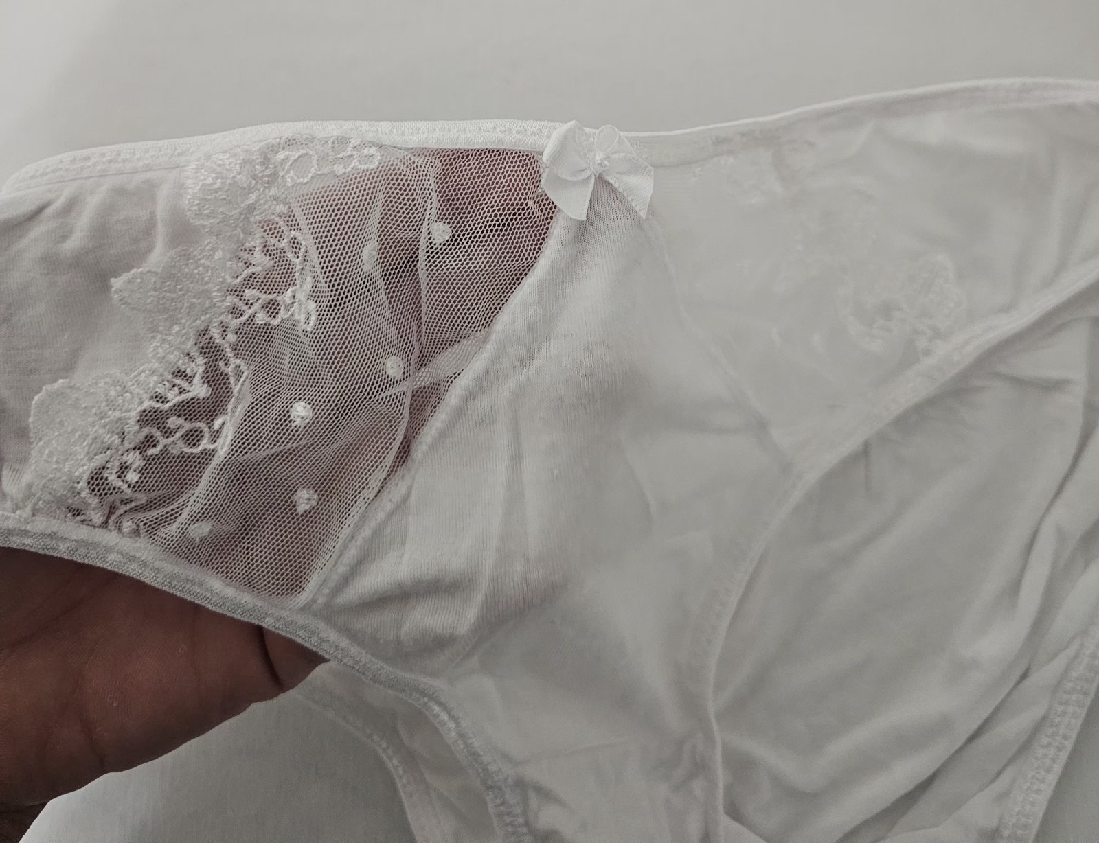 White Lace Mesh Floral Bikini Panties 2 Pack Mid Rise Stretch Bow Accent Women